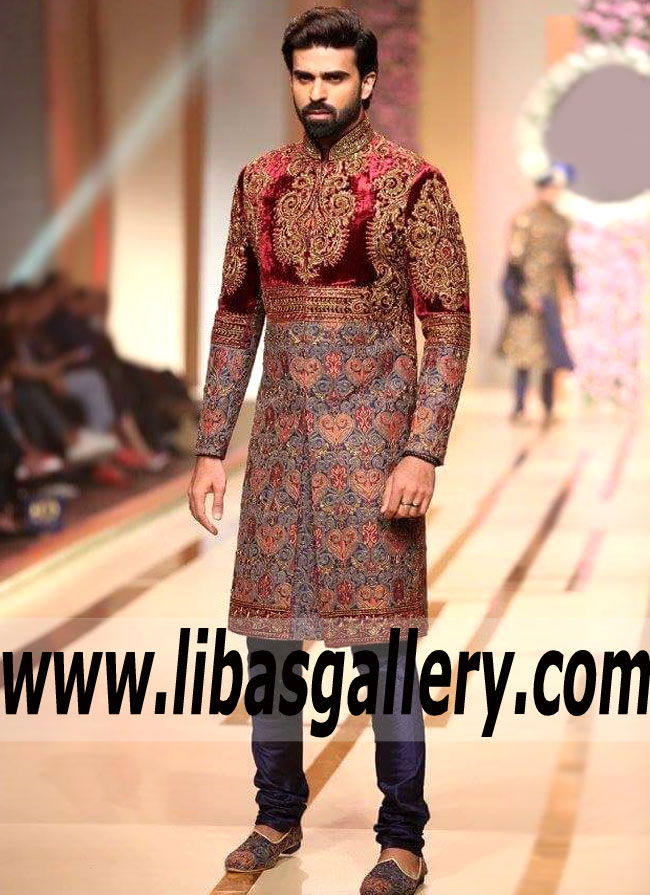 Raw silk and Velvet Groom Sherwani