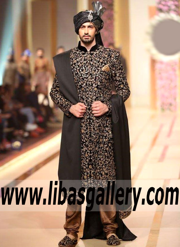 heavy embroidered black groom wedding Sherwani Suit