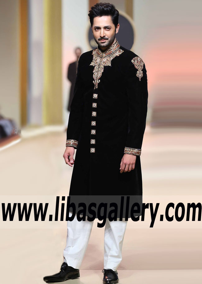 Handsome Groom on Ramp in Wedding Sherwani Suit Black Color