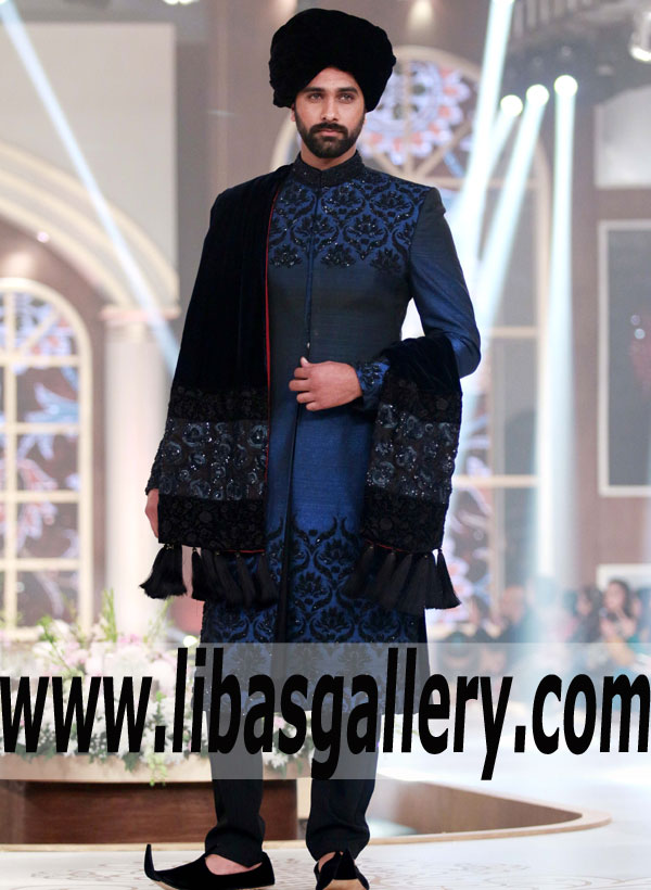 Royal Blue groom nikah barat embellished Sherwani article