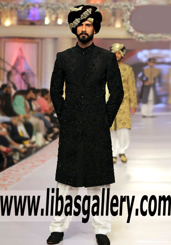 Graceful Dulha Groom Black Banarsi Jamawar Wedding Sherwani Embroidered Glasgow New Castle Nottingham UK Graceful Dulha Groom Black Banarsi Jamawar Wedding Sherwani Embroidered Glasgow New Castle Nottingham UK