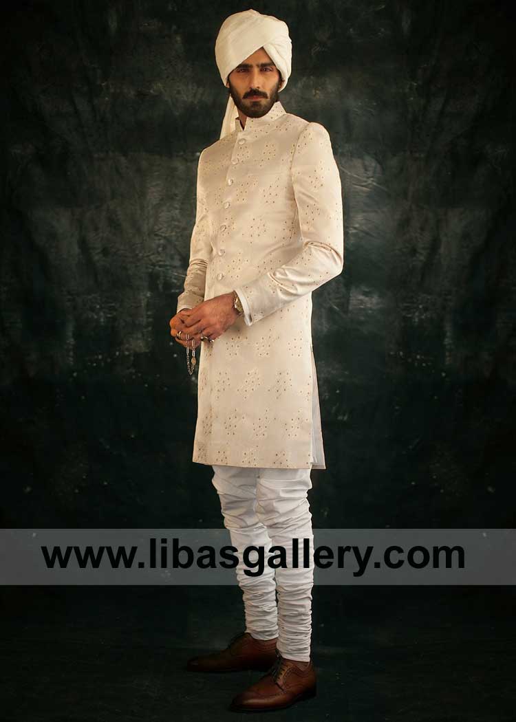 Peacock Jacquard Wedding Sherwani for Groom 