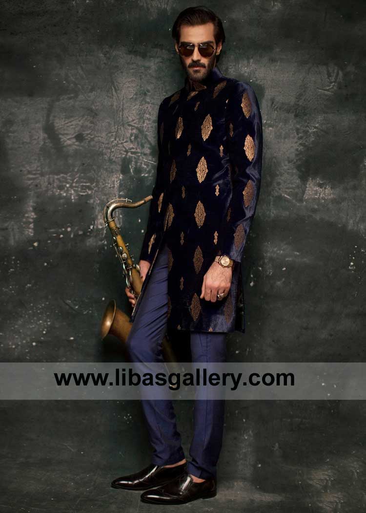 Navy Blue Velvet Sherwani Ismail Farid gold embroidery for Groom blue pajama New Jersey NJ USA Navy Blue Velvet Sherwani Ismail Farid gold embroidery for Groom blue pajama New Jersey NJ USA