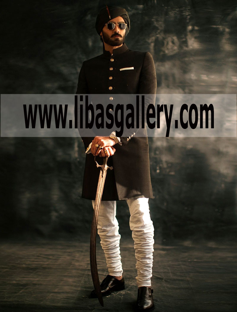 Black Raw silk Sherwani Ismail Farid golden buttons Turban short tail ottawa Toronto Canada Black Raw silk Sherwani Ismail Farid golden buttons Turban short tail ottawa Toronto Canada