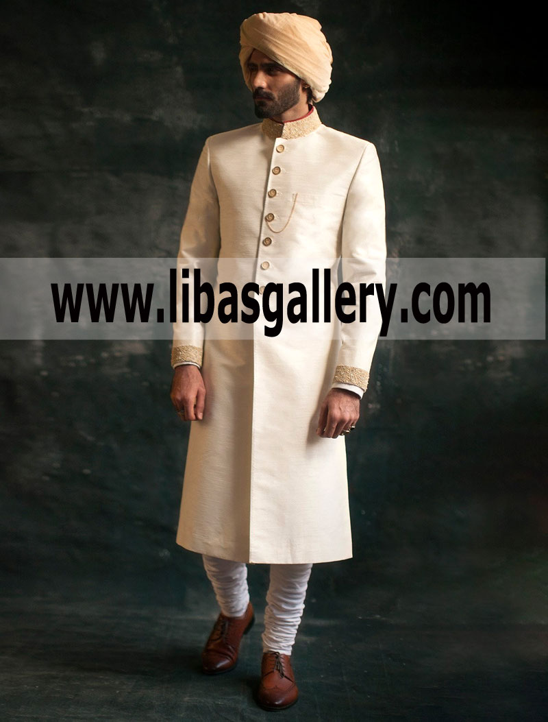 Off White Raw Silk sherwani with Golden Embroidery 