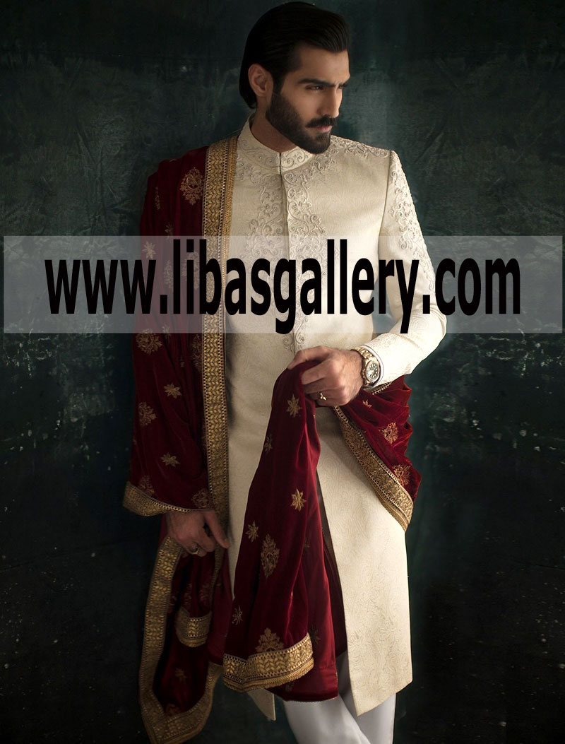 Beige Gold Groom Dulha Jamawar Sherwani Ismail Farid Maroon velvet shawl Westford Massachusetts USA Beige Gold Groom Dulha Jamawar Sherwani Ismail Farid Maroon velvet shawl Westford Massachusetts USA