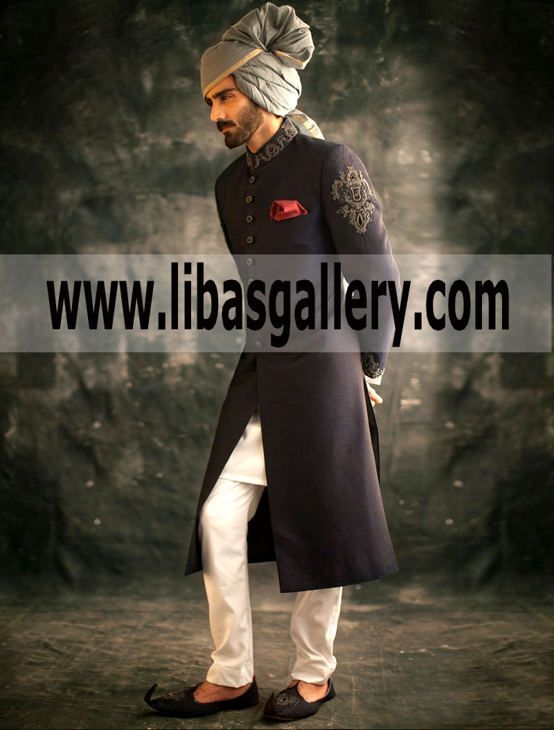 Mid Night Blue Raw Silk Beautiful Groom Wedding Sherwani Set