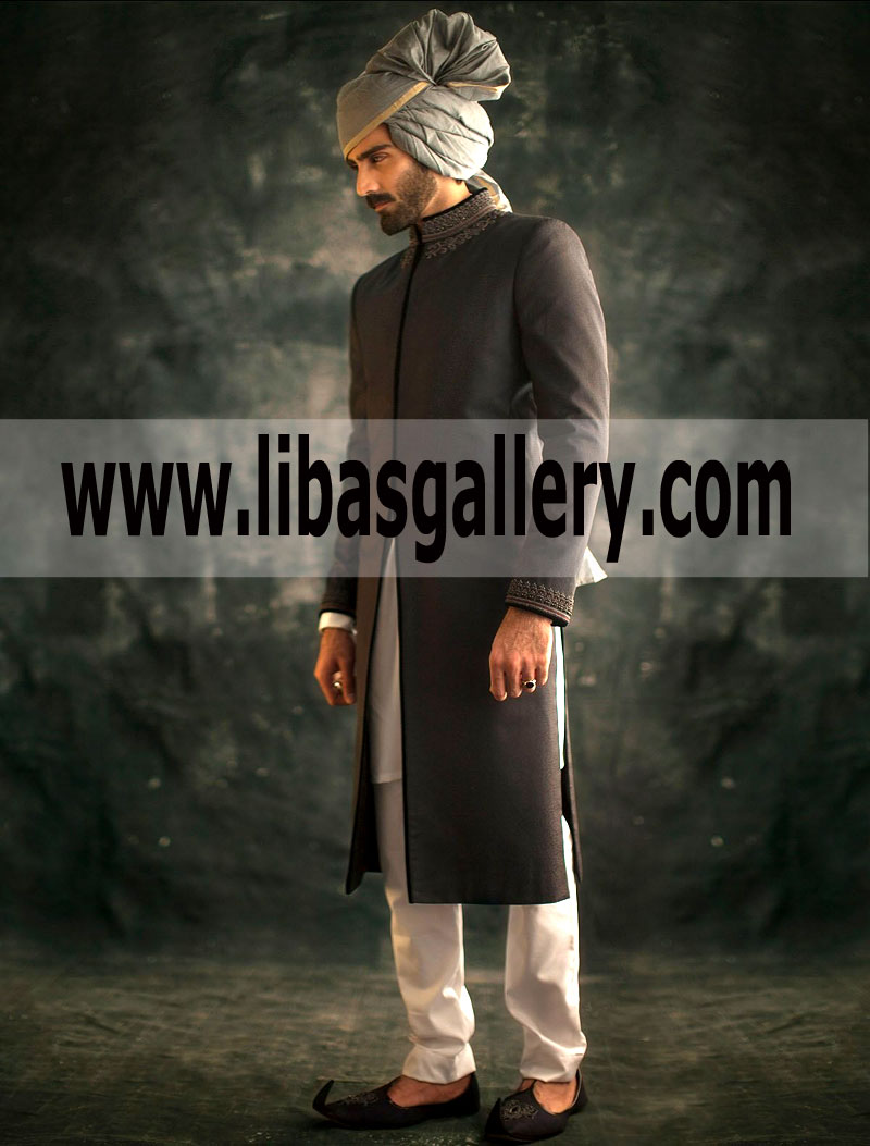 Jamawar Sherwani Blue for Shadi Wedding pre tied Turban Pagri for Groom
