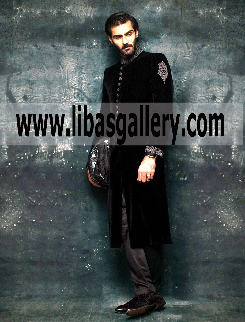 Sherwani Pakistani Black Velvet Embroidery on Collar Cuff Sleeves Groom Dulha Article California Texas USA Sherwani Pakistani Black Velvet Embroidery on Collar Cuff Sleeves Groom Dulha Article California Texas USA