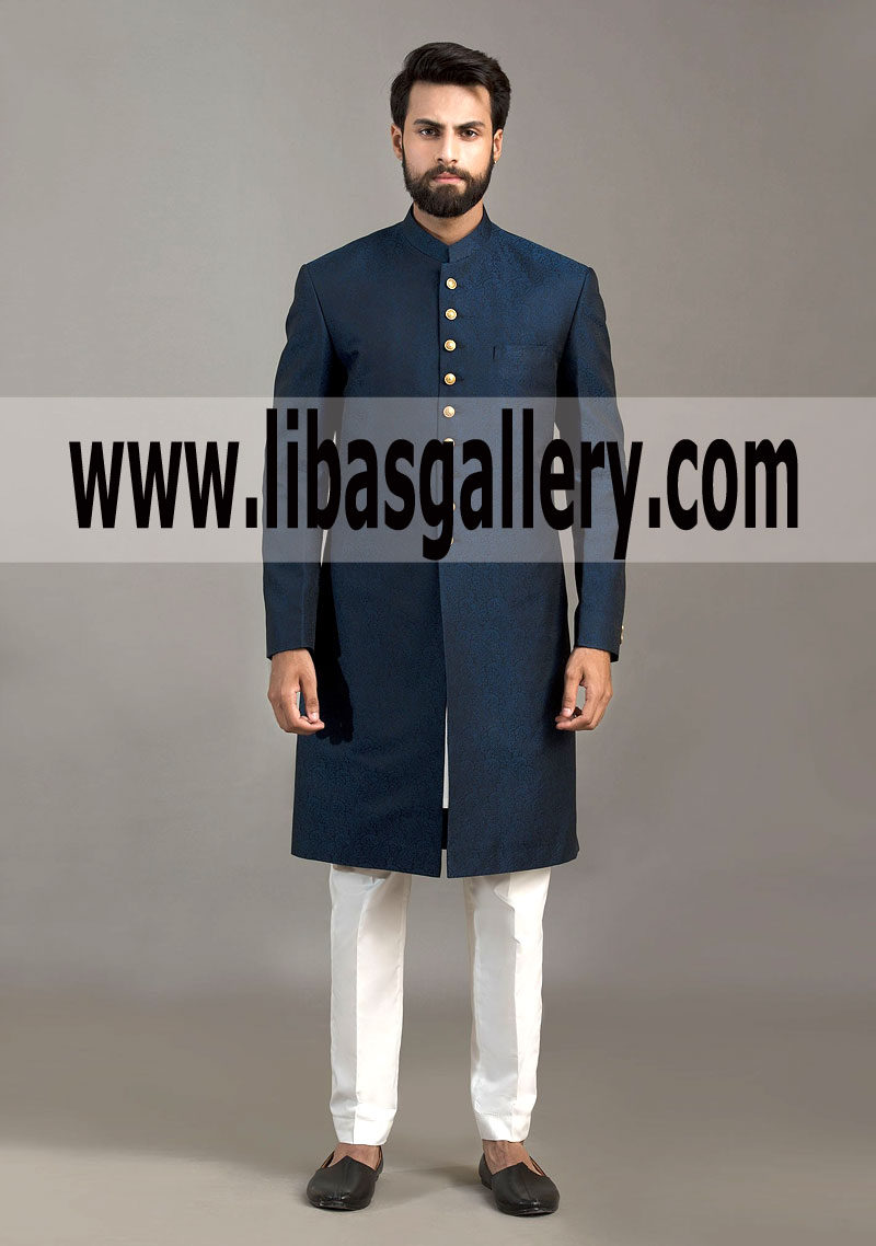 Classic Jamawar Twilight Blue Classic Fit Sherwani
