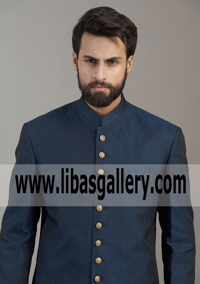 Classic Jamawar Twilight Blue Classic Fit Sherwani