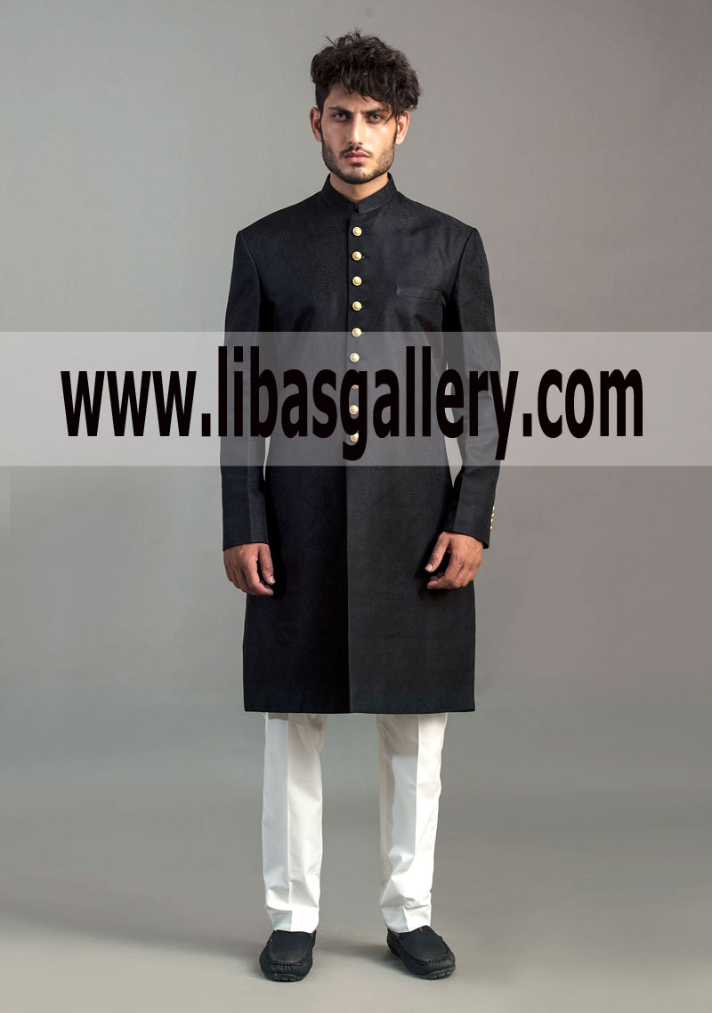 Amir Adnan Black most demanding new Jamawar Wedding Sherwani Groom Dulha UK USA Canada Amir Adnan Black most demanding new Jamawar Wedding Sherwani Groom Dulha UK USA Canada