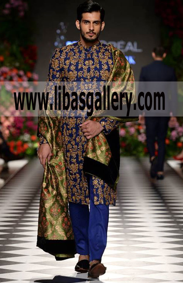 Blue Wedding Sherwani Gold Antique combination Work 
