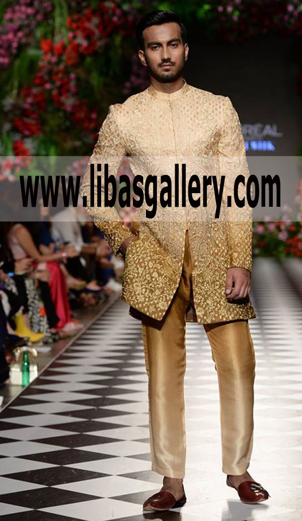 Embroidered Sherwani Golden New Wedding Package