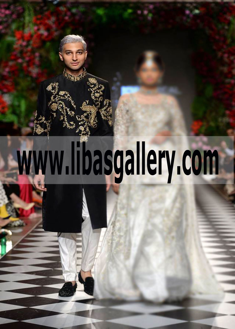 Wedding Sherwani 2018 Groom Dulha black work front arms collar walking on ramp bride  UK USA Canada Sherwani