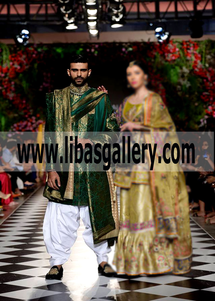 Green Jamawar Wedding Sherwani with broad Shalwar