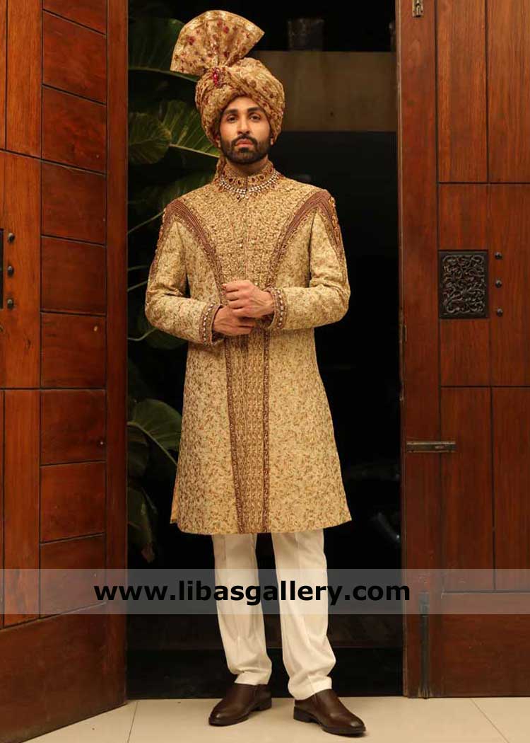 Groom Jamawar Premium Gold Sherwani, Hand embellished Gold Sherwani for wedding UK USA Canada Groom Jamawar Premium Gold Sherwani, Hand embellished Gold Sherwani for wedding UK USA Canada