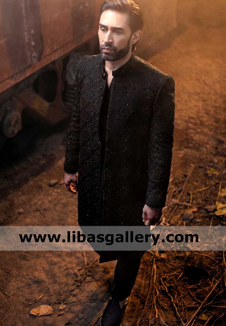 Black Men Wedding Sherwani Fancy Embroidered