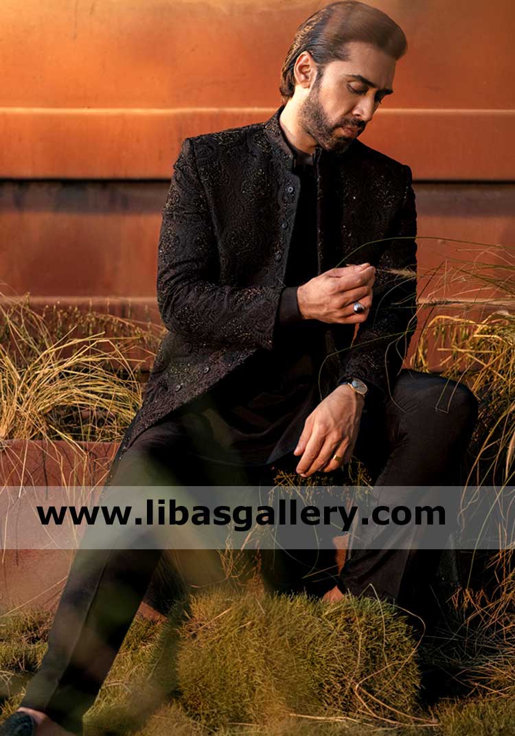 Black Men Wedding Sherwani Fancy Embroidered