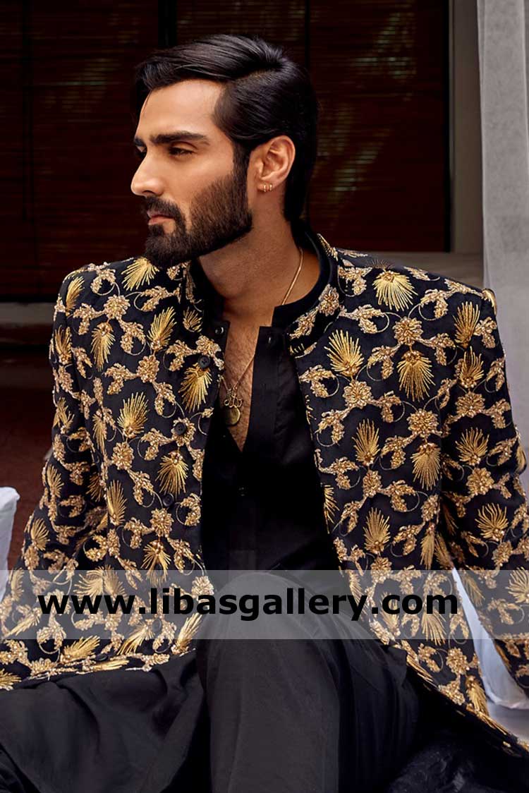 Black Velvet Groom Sherwani with Gold Embroidered surface