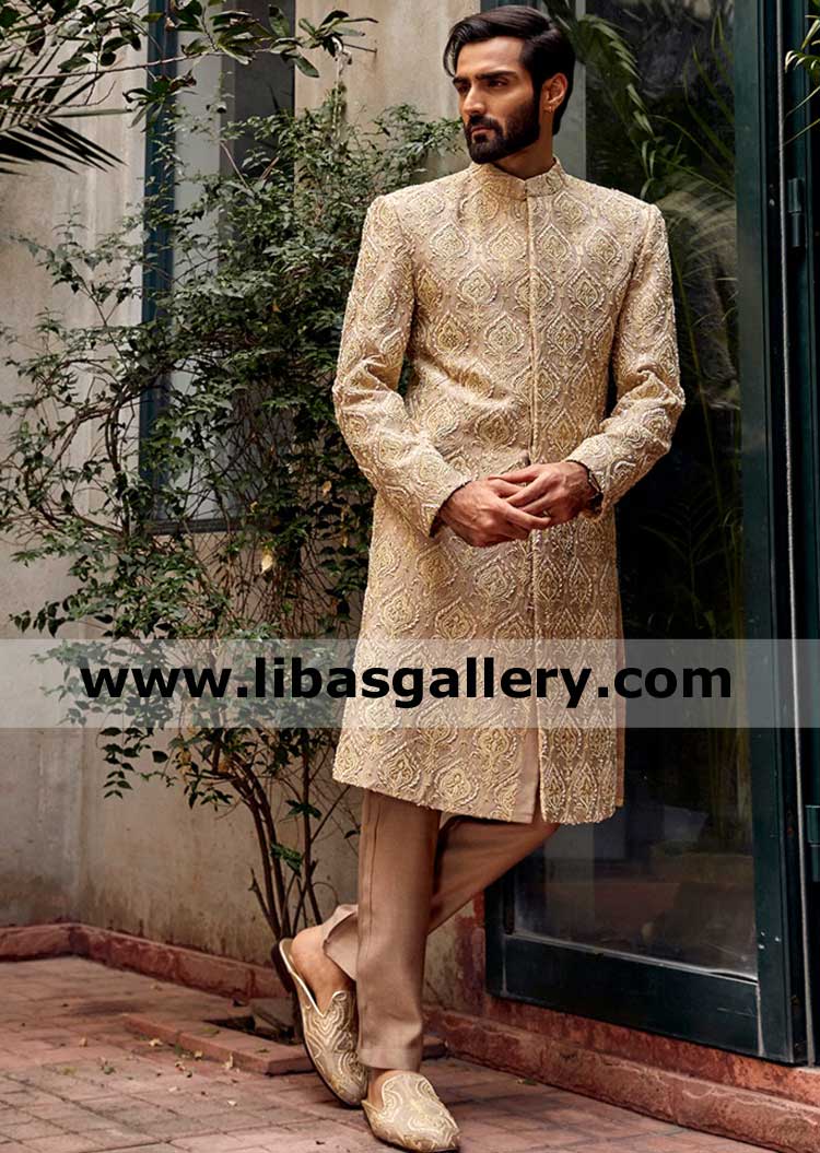 Gold Designer Men Sherwani in Karandi with Damask Embellishment