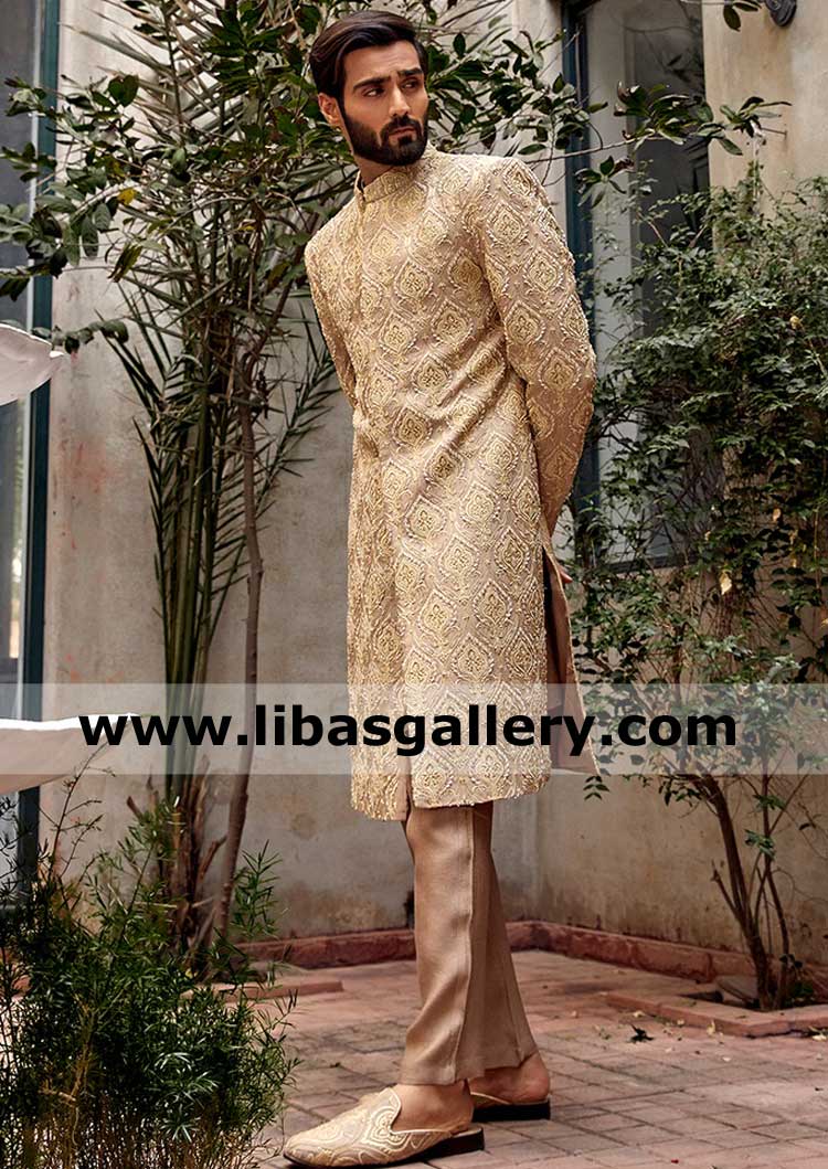 Gold Designer Men Sherwani in Karandi with Damask Embellishment