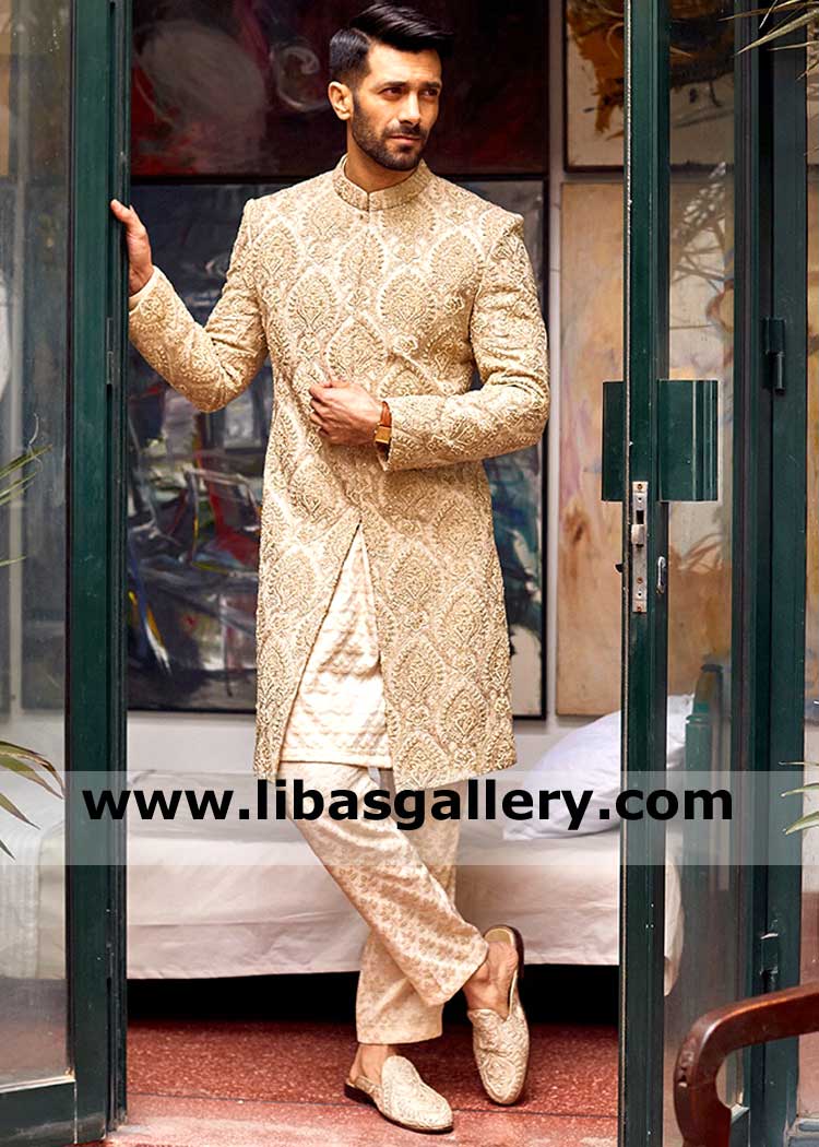 Latest Men Sherwani beige for wedding with Damask Embroidered pattern