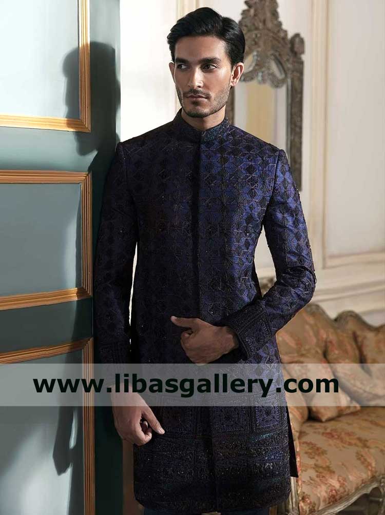 Midnight Blue Men Sherwani with Sun Rays and Geometric Inspired Ornaments on Jamawar