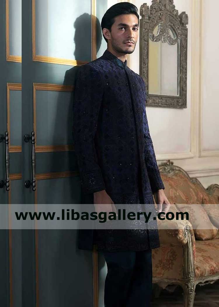 Midnight Blue Men Sherwani with Sun Rays and Geometric Inspired Ornaments on Jamawar