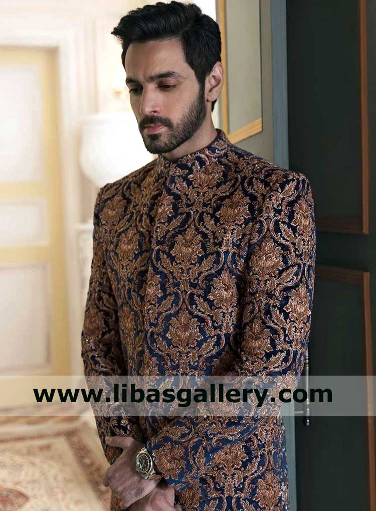 Blue Damask Hand Embellished Velour Fabric Sherwani for Men