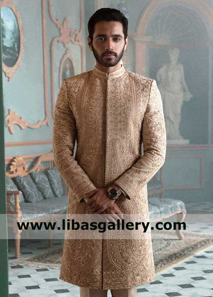 Beige Hand Embroidered Men Jamawar Sherwani for Wedding
