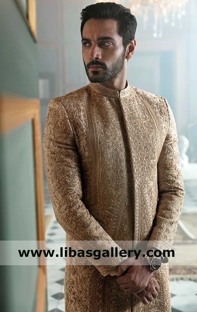 Beige Hand Embroidered Men Jamawar Sherwani for Wedding