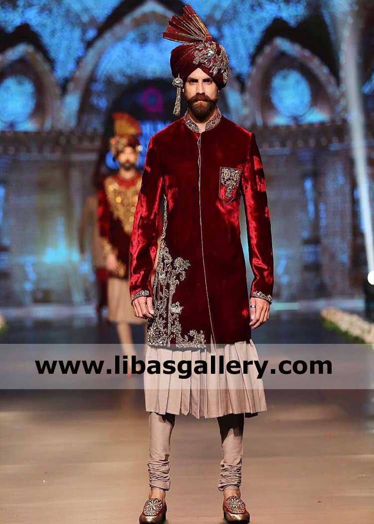 Maroon Velvet Groom Wedding Sherwani Suit Winter Season