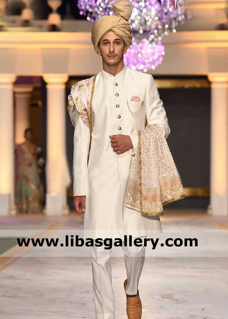 Off White Jamawar Wedding Sherwani for Men Nikah