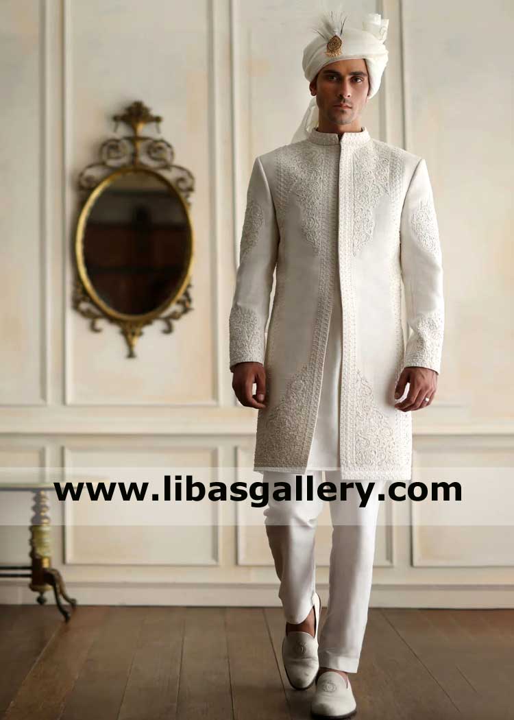 Men Nikah Sherwani in Off White with Heavy Self Embroidery