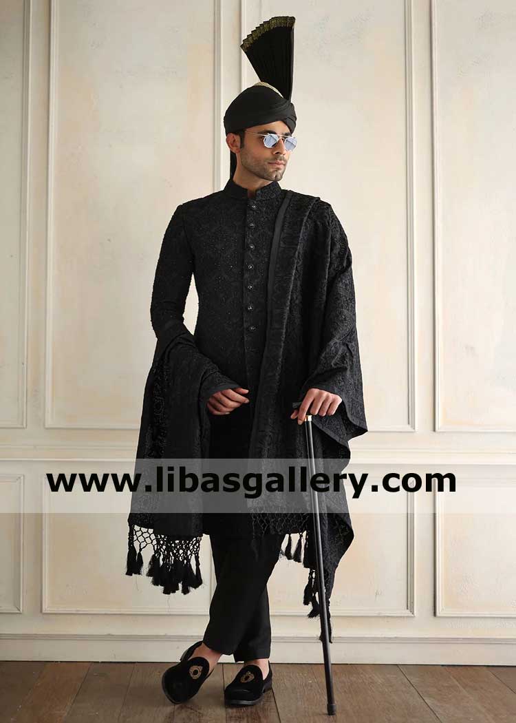 Exclusive Self Embroidered Men Black Wedding Sherwani Article