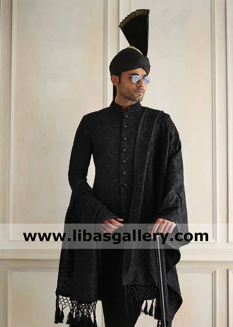 Exclusive Self Embroidered Men Black Wedding Sherwani Article