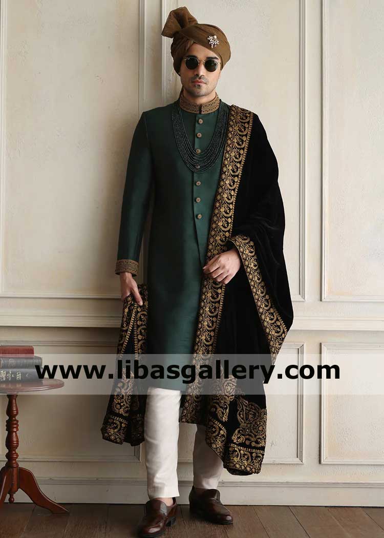Emerald Green Gold Embellished Beautiful Men Nikah Barat Sherwani 