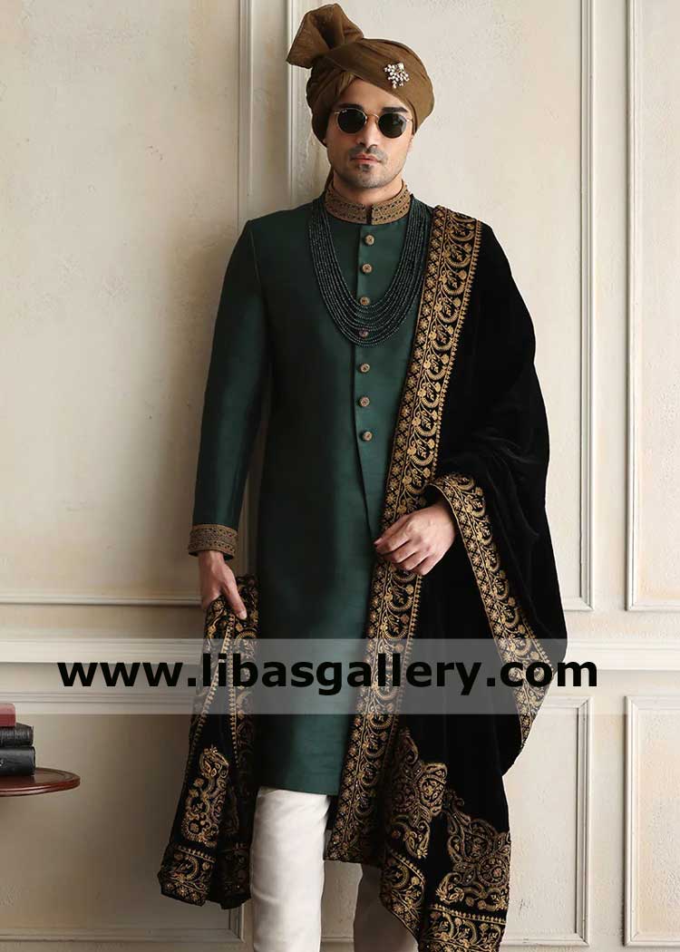 Emerald Green Gold Embellished Beautiful Men Nikah Barat Sherwani 