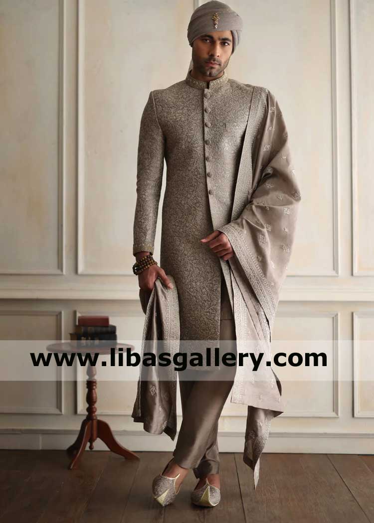 Grayish Brown Beautiful Men Embroidered Wedding Sherwani Ensemble