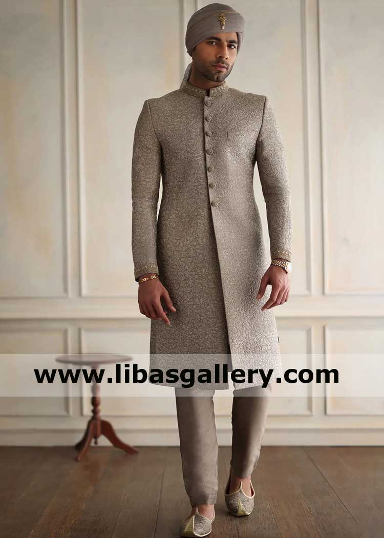 Grayish Brown Beautiful Men Embroidered Wedding Sherwani Ensemble
