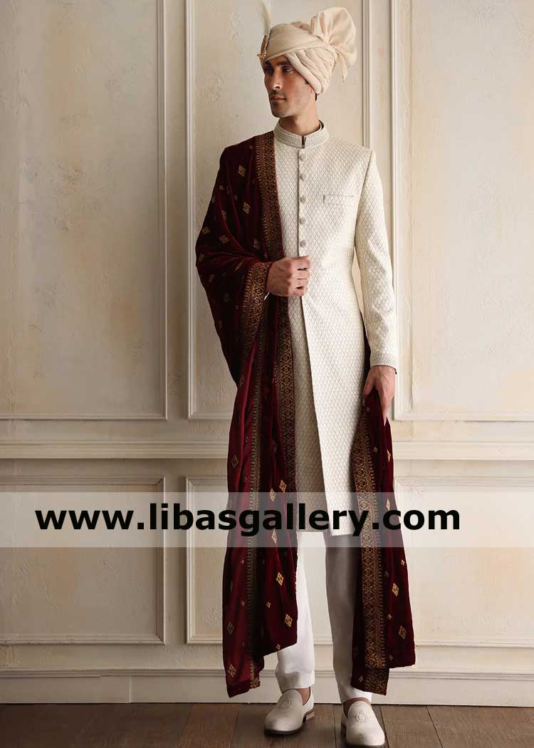 Groom light beige Embroidered Wedding Sherwani Style for Nikah