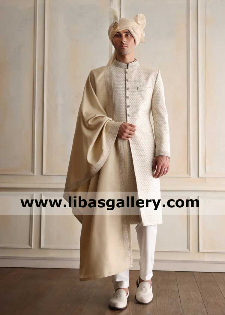 Men Embroidered Awesome Nikah Barat Sherwani Beige Color