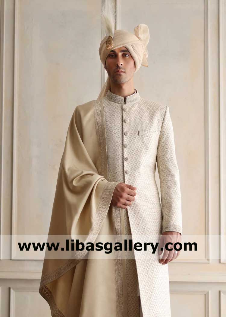 Men Embroidered Awesome Nikah Barat Sherwani Beige Color