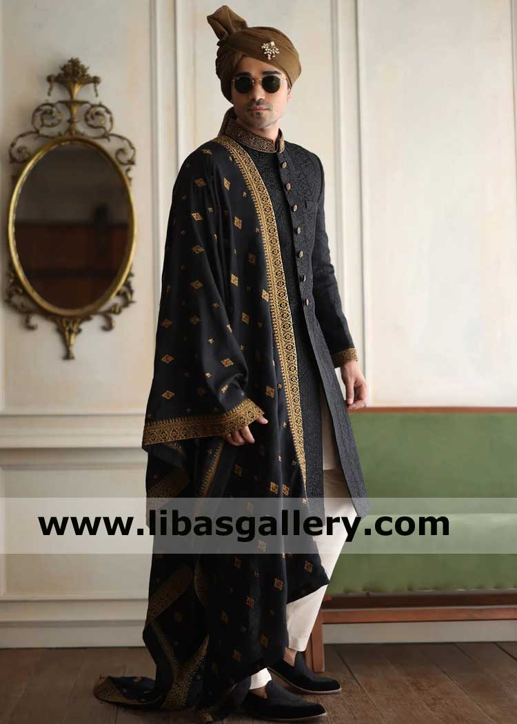Black Gold Men Marriage Sherwani Classic Self Embroidered