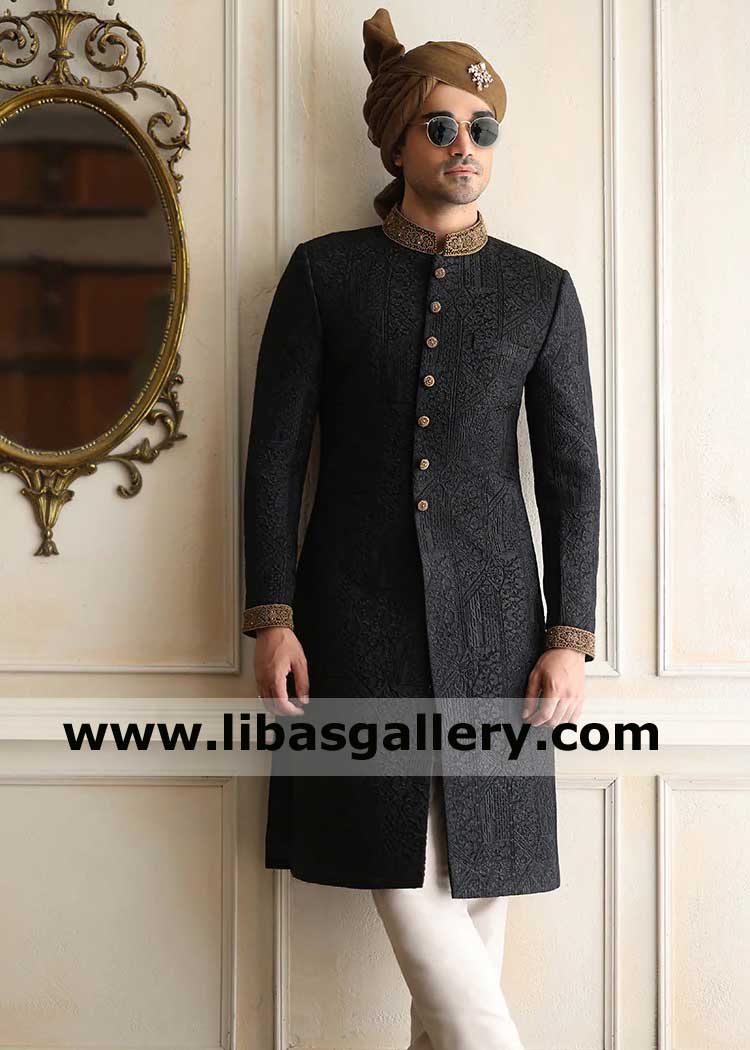 Black Gold Men Marriage Sherwani Classic Self Embroidered