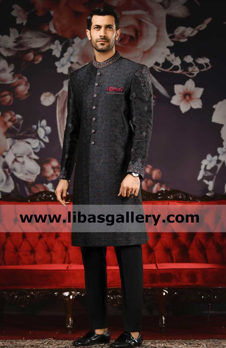 Black Embroidered Men Wedding Sherwani Style