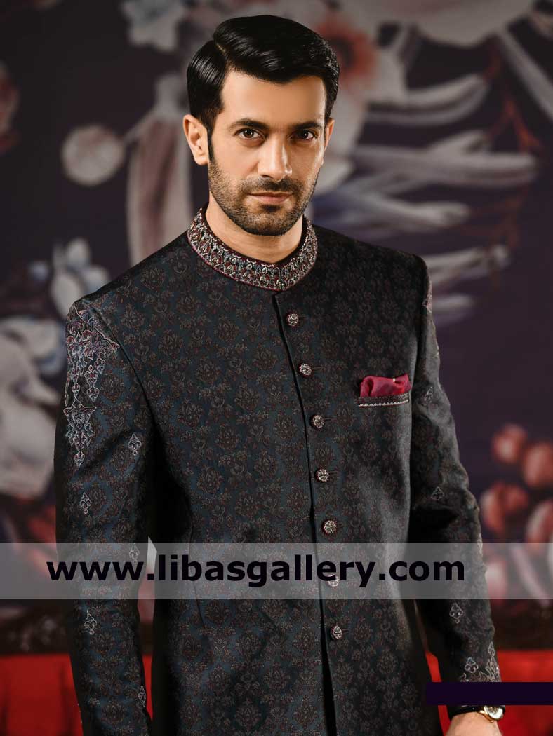 Black Embroidered Men Wedding Sherwani Style