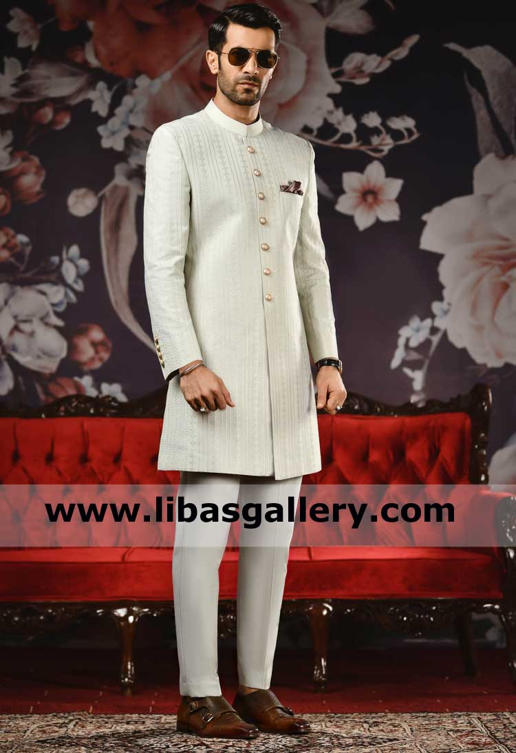 Exquisite Off White Men Self Design Sherwani Style