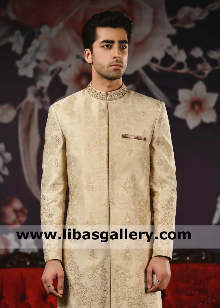 Indo Western Style Gold Jamawar Men Marriage Sherwani suit